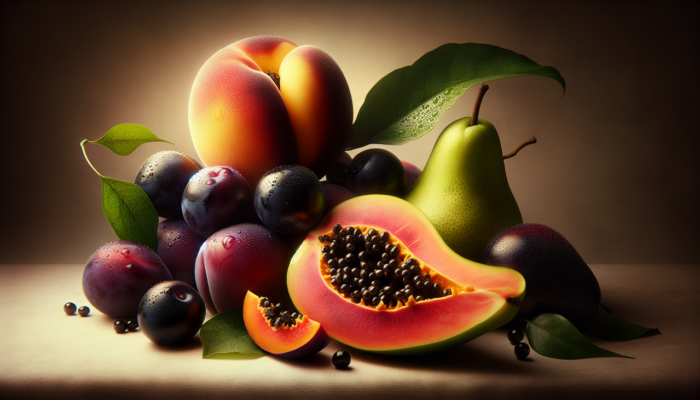 Fruit en P : Pêche, Papaye, Prunes, Poire - Composition artistique.