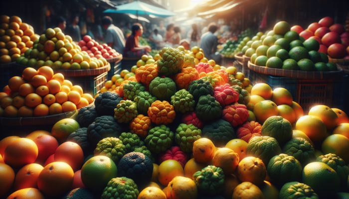 Fruit en U de couleurs vives sur étalage de marché.