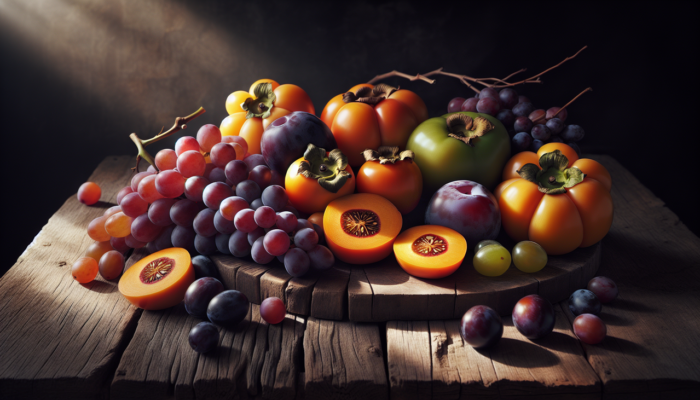 Affiche : "Variety of fruits: purple vine grapes, orange persimmons, green plums on wooden table."